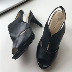 Black leather open toed slip on heels. Bundle!